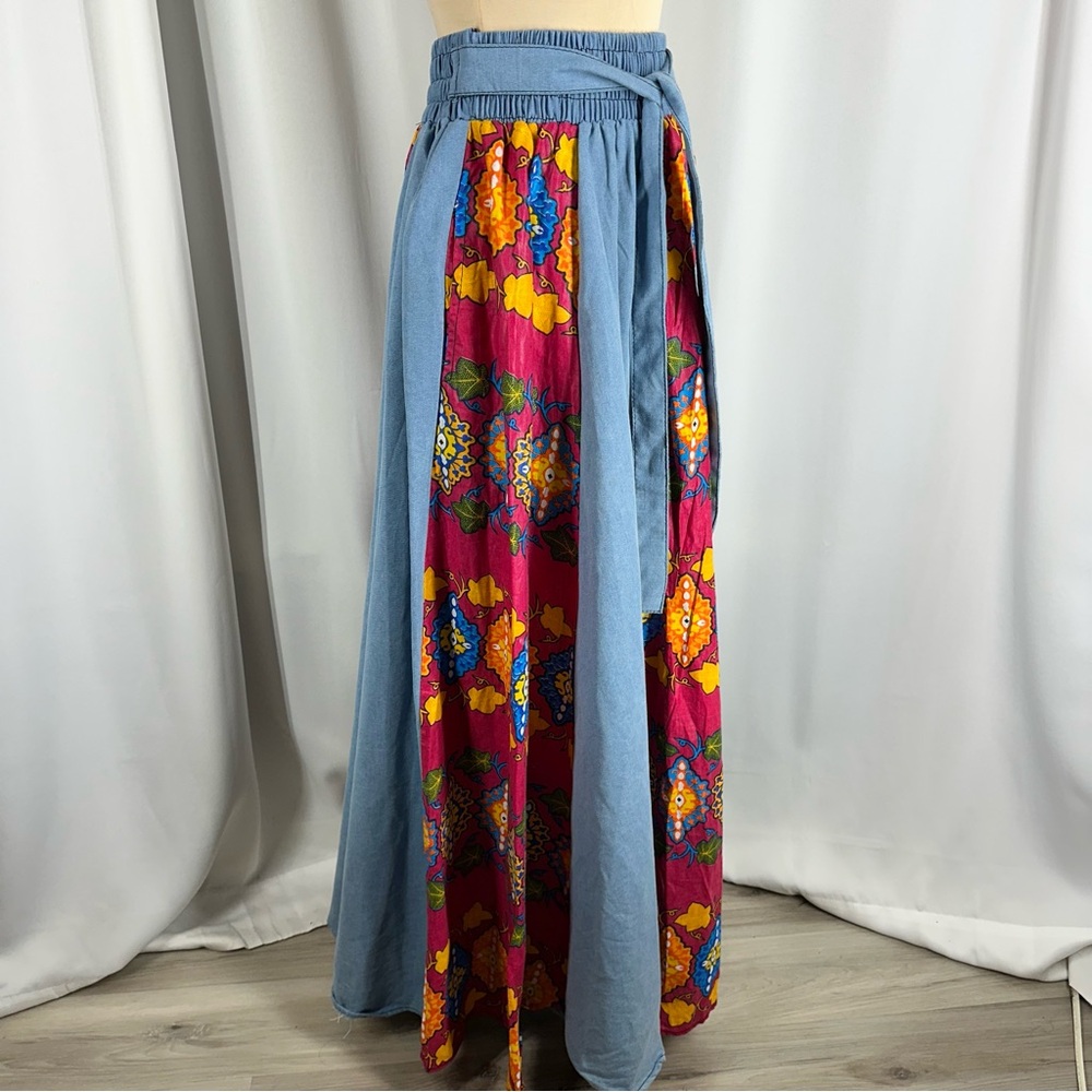 Boho Patchwork Denim Maxi Skirt Dashiki Tribal Print Elastic Waist One Size - Picture 5 of 10